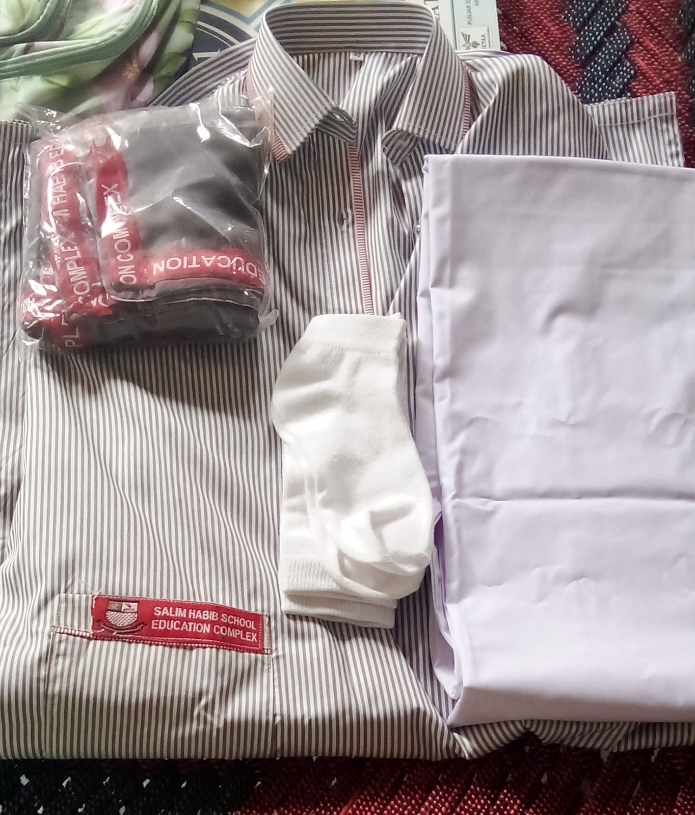School uniform shirt, trousers, tie and socks